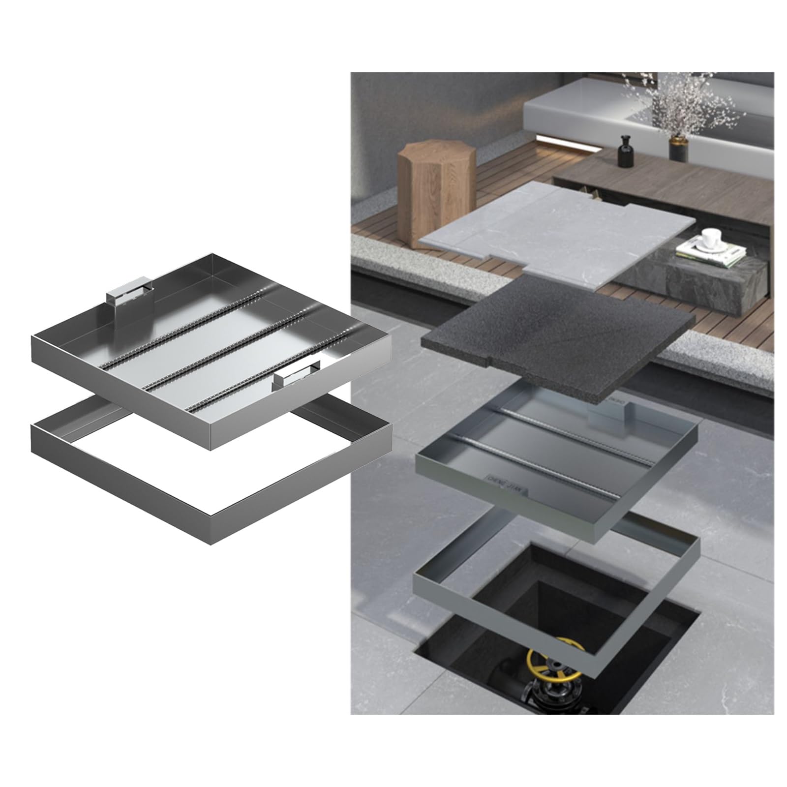 Coperchio e Telaio per pozzetto in Acciaio Inox - Griglia di drenaggio Nascosta per Fossa settica, Ideale per Giardino, vialetto, marciapiede e Percorso pedonale (30-60-80 cm, 50 x 50 cm)