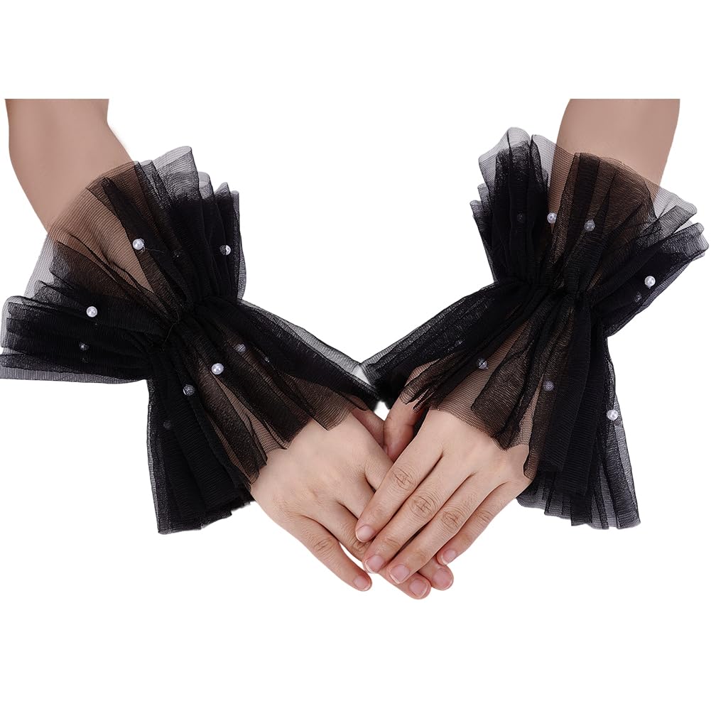NBEADS 1 pair Short Lace Fingerless Gloves, 210x80x10mm Black Pearl Tulle Wedding Gloves for Women Hallowmas Party Costume Accessor
