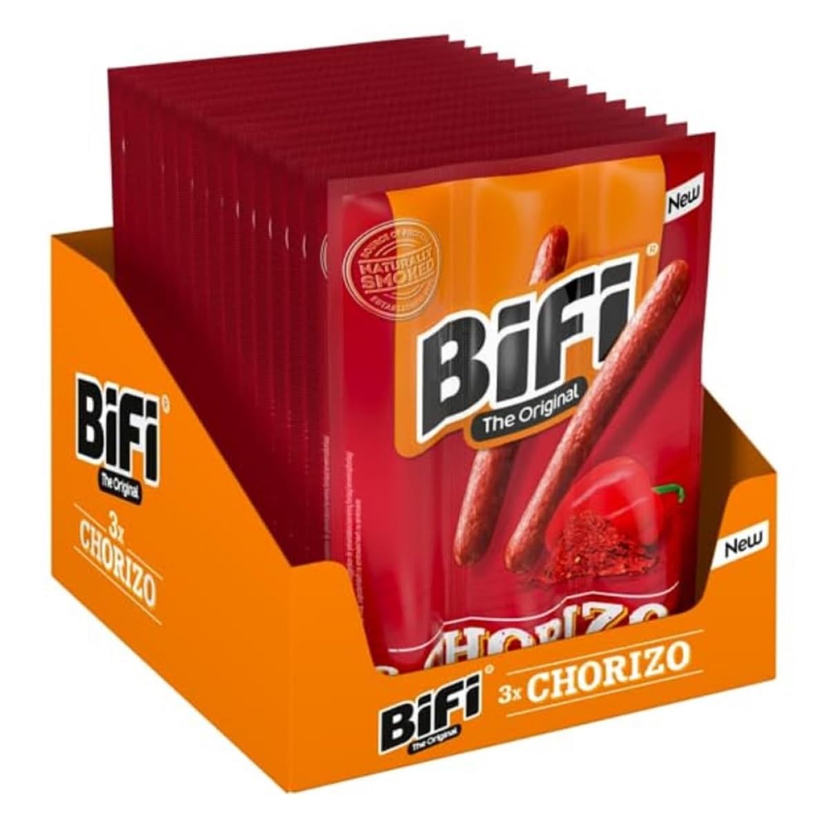 BiFi Chorizo Sticks - Lot de 48 (48 x 20 g) - Snack saucisse à emporter - Viande et saucisse séchées à l’air - Style chorizo au paprika, piment et ail - Boîte snack idéale
