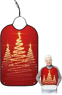 Kewadony Adult Bibs for Elderly Women - Christmas Waterproof Dining Clothing Protectors with Crumb Catcher for Eating/Feeding, Yellow Christmas Tree Xmas Red Terry Cloth Bib Machine Washable