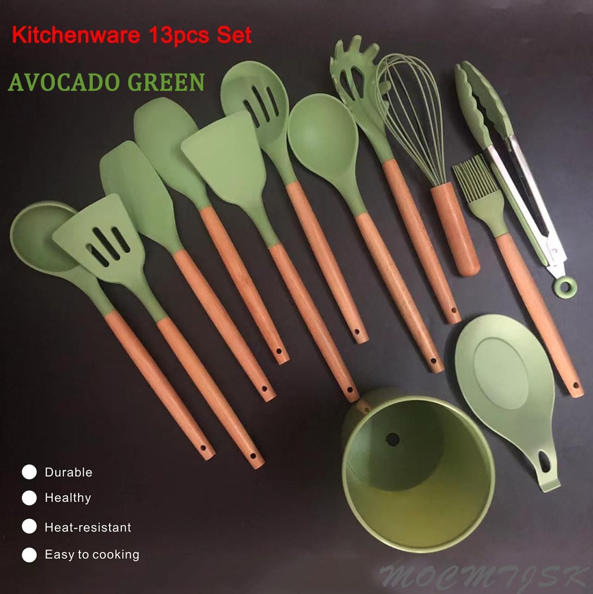 Silicone Kitchen Utensils, Wooden Handle 12-piece Set,Non-stick Pan Shovel, Cooking Gadgets Spoon Storage Bucket Sets (Fruit Green)