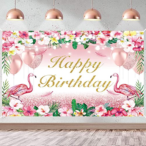Pink Flamingo Happy Birthday Party Backdrop Hawaiian Tropical Flamingo Floral Background Flamingo Themed Banner Birthday Party Decoration Supplies #TOP22