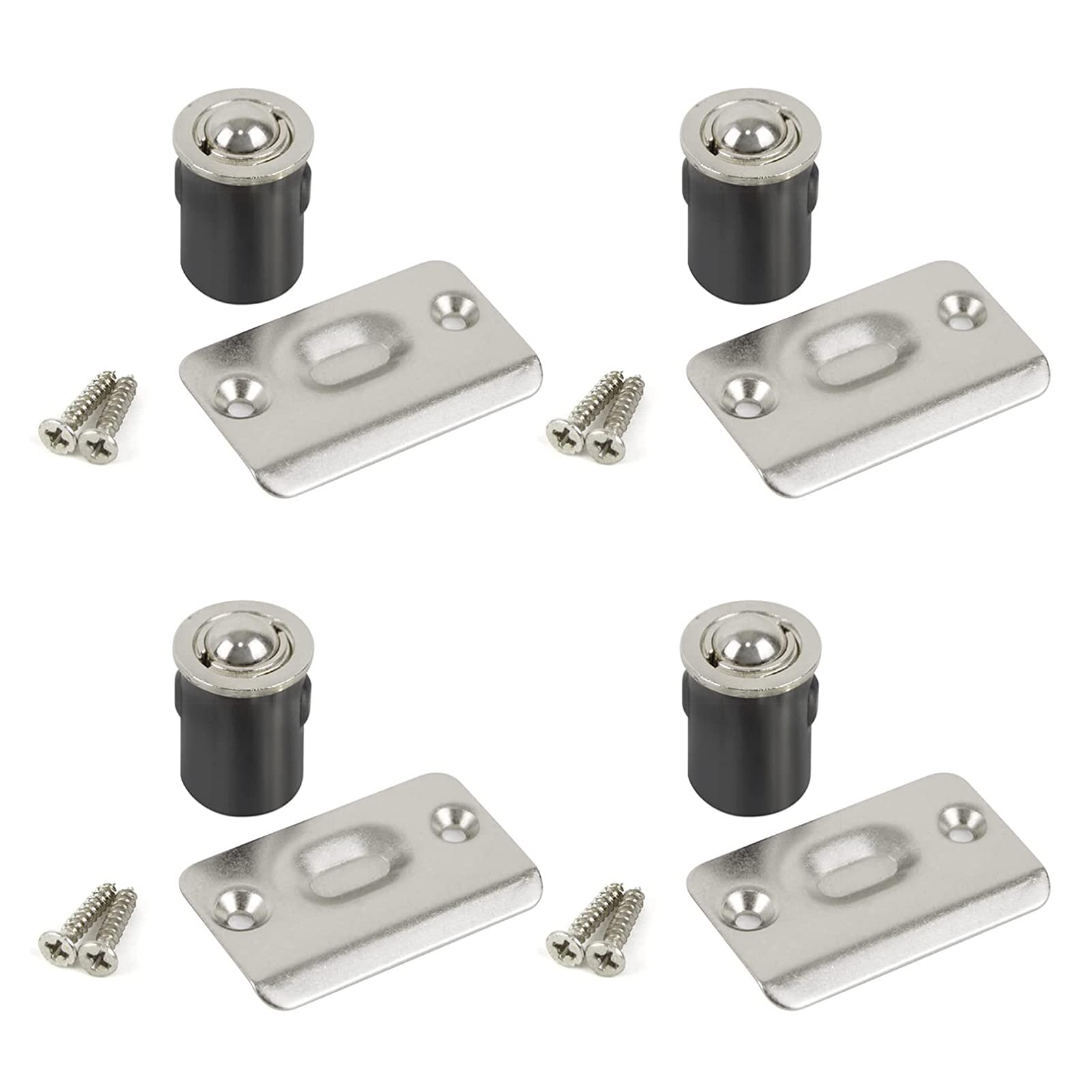 DonYoung 4 Pack Drive-in Ball Catch with Strike Plate, Bullet Catch Door Hardware, Ball Stainless Steel Brushed Diecast Stain Finish, Satin Nickel