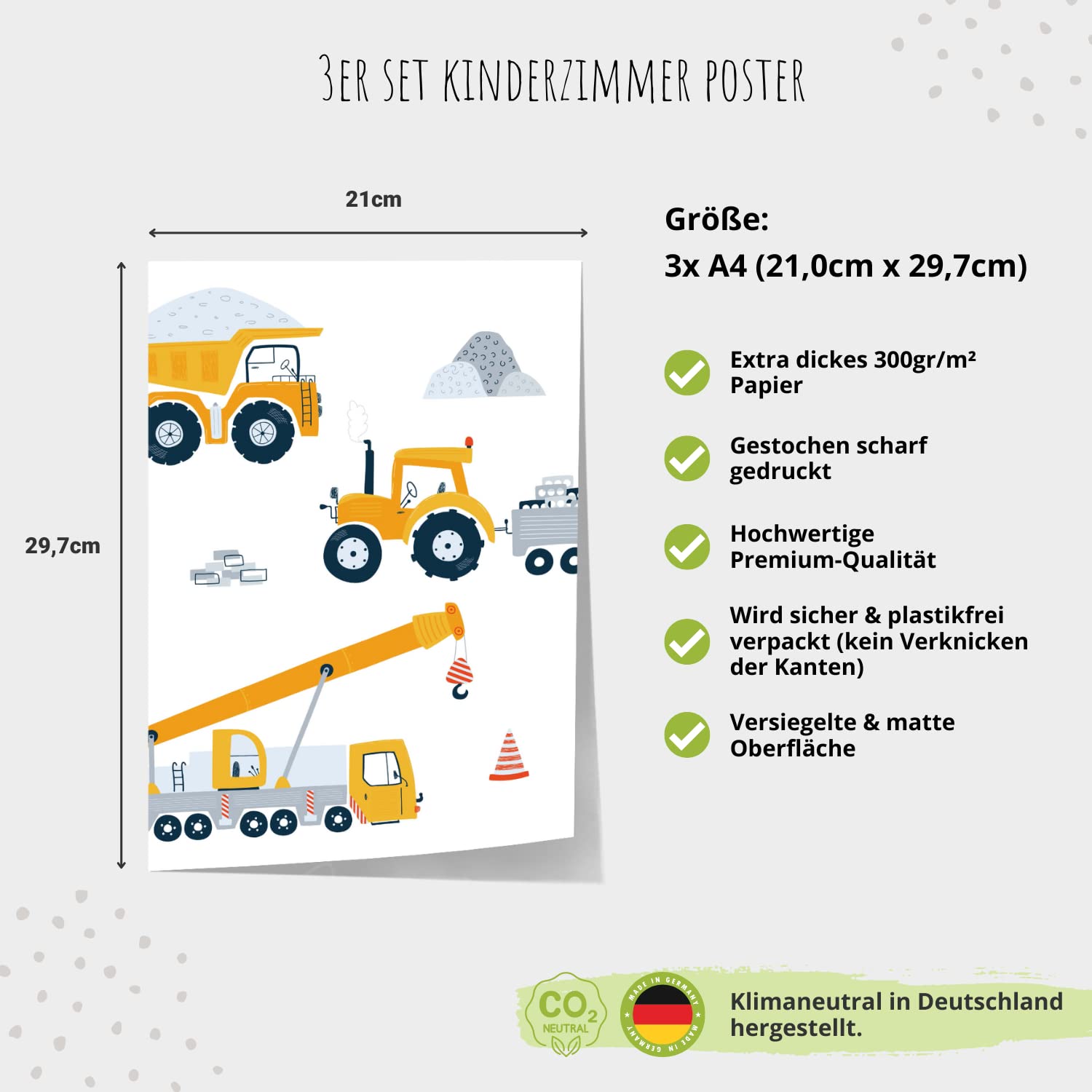 MeinBaby123 Obrazy pojazdów budowlanych, zestaw 3 sztuk, DIN A4, koparka, dźwig, maszyna budowlana, wywrotka, plakat do pokoju dziecięcego, dekoracja pokoju dziecięcego dla chłopca (koparka V1)