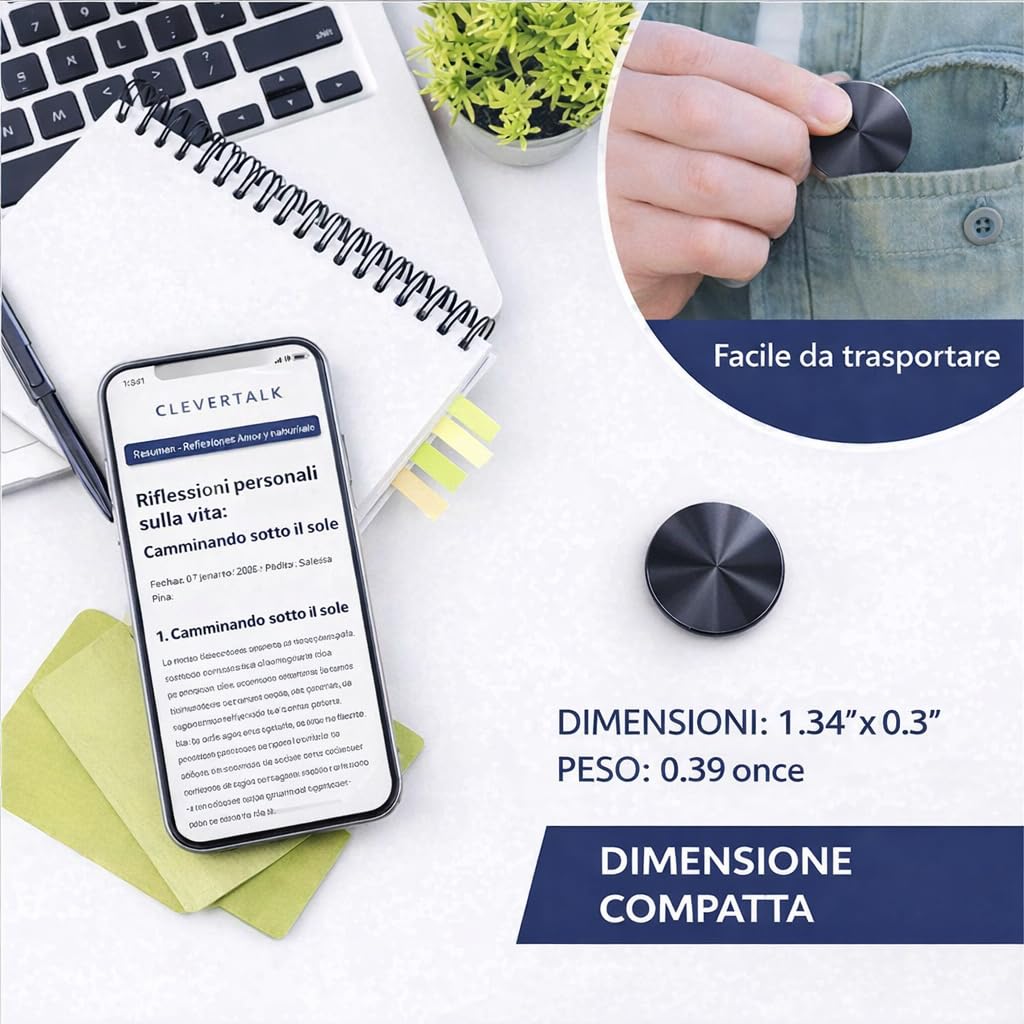 CleverTalk Q37 Registratore Vocale con IA | Attivazione Vocale | Portale Web app.clevertalk.ai | Trascrizione e Riassunti | 64 GB | Audio HD 1536kbps | USB-C