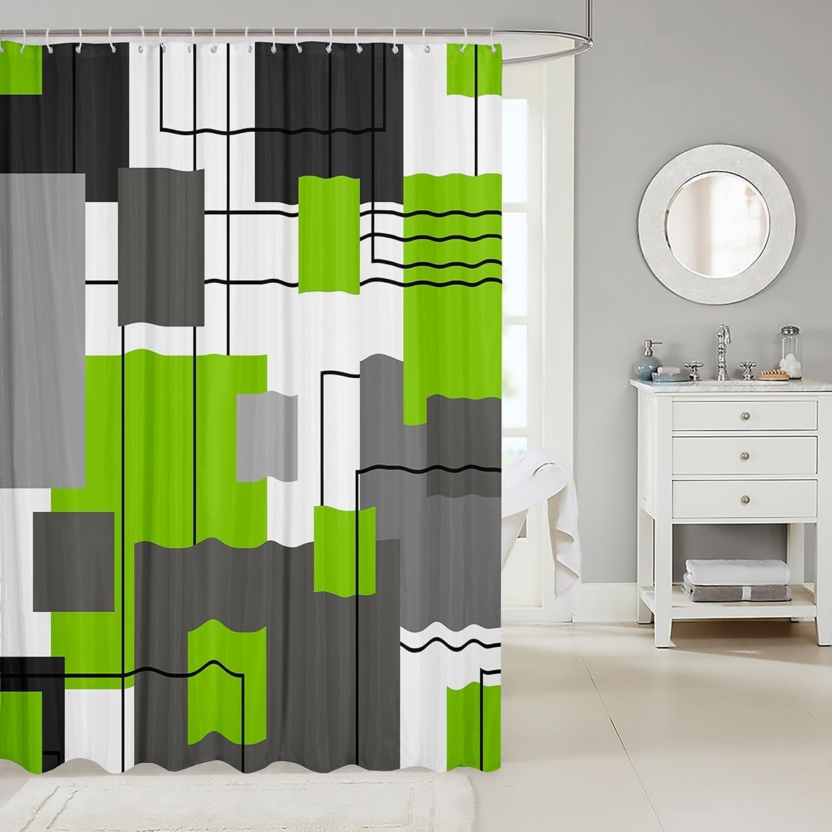 Erosebridal Lime Green Gray Geometric Shower Curtain 72" Wx78 L Black Grey White Square Bath Curtains for Kids Boys Girls Abstract Striped Bathroom Curtain Modern Simple Lines 12 Hooks