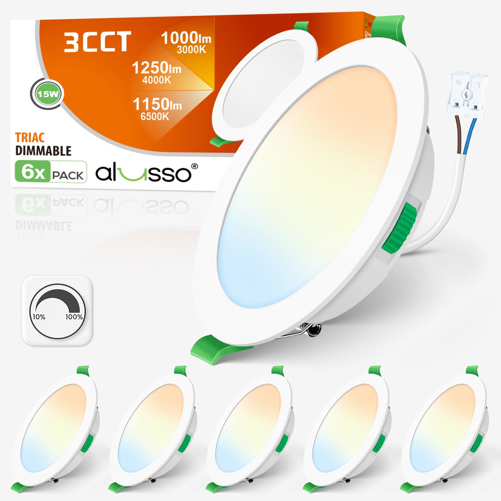 ALUSSO LED Einbaustrahler Dimmbar 15W 230V Slim Flach Deckenleuchte, 1200 Lumen Warmweiß Neutralweiß Kaltweiß Einbauleuchten 32mm Einbautiefe, IP44 Deckenspots für Badezimmer, 6er Set