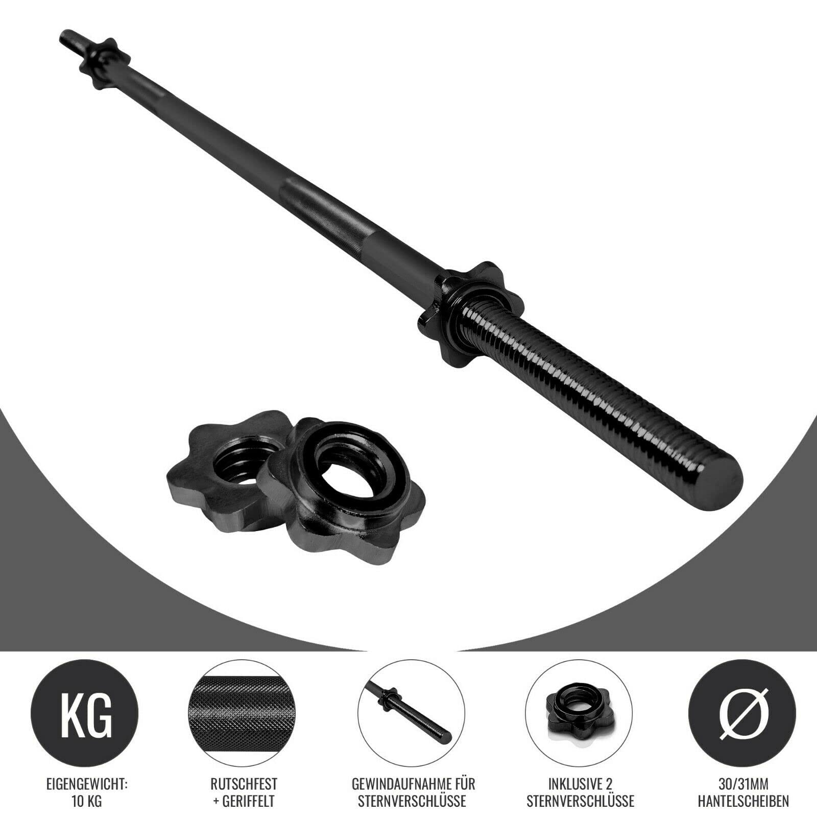 GORILLA SPORTS® Langhantelstange - 170cm, mit 2 Sternverschlüssen, 30mm, bis 200kg belastbar, Griff gerändelt, rutschfest, Chrom, Silber/Schwarz - Hantelstange, Langhanteln, Langhantel-Stange