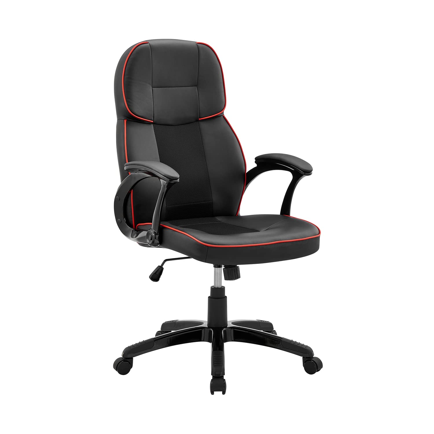 Armen Living Bender Office Computer Gaming Chair, Height Adjustable and 360 Swivel, Black Faux Leather and Red Accents