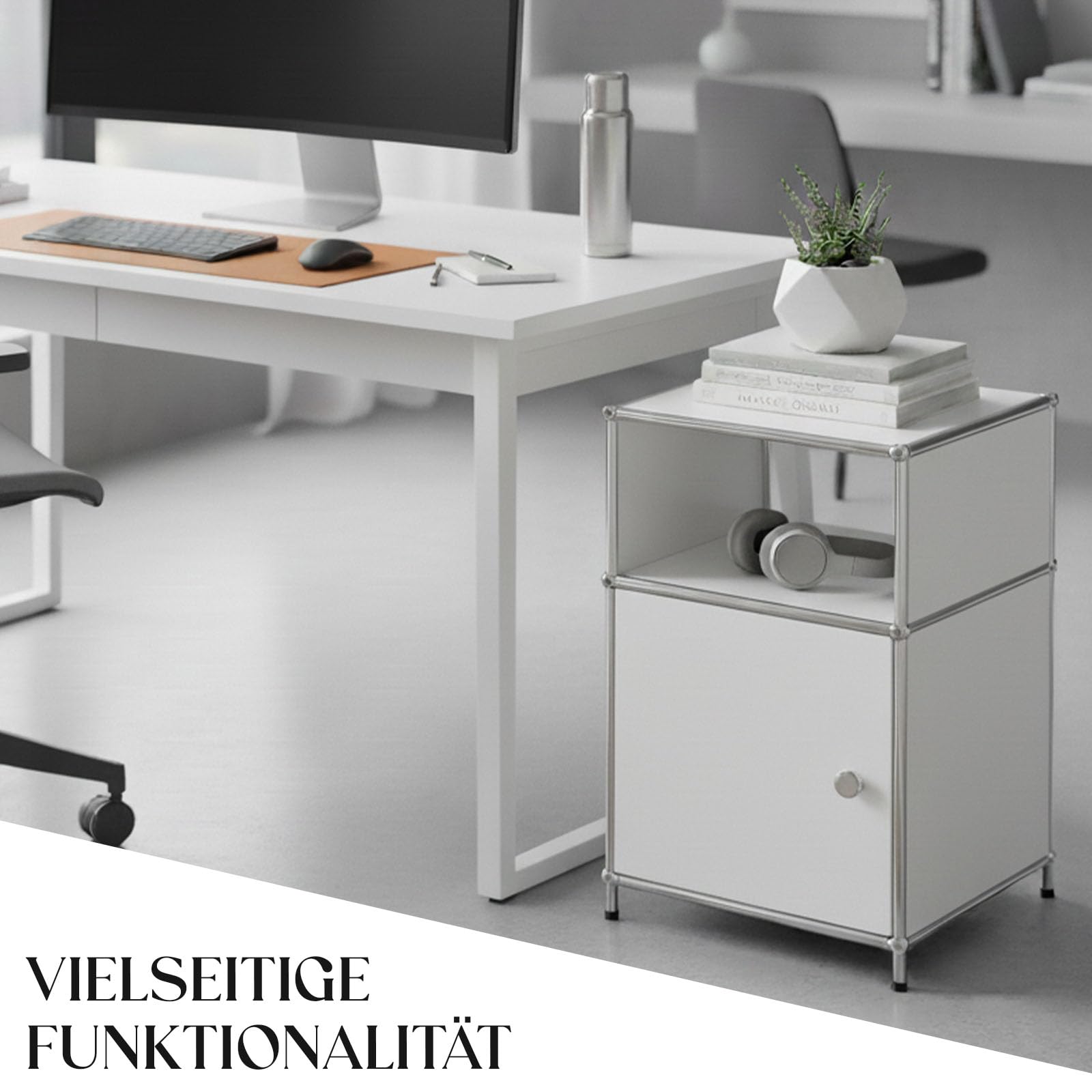 Floordirekt Concept Epure MK-040 - Estantería de metal, mesa auxiliar, color blanco, cromo, 65 x 40 cm, sistema modular de ranuras en diseño moderno, estantería de metal para salón, oficina, pasillo
