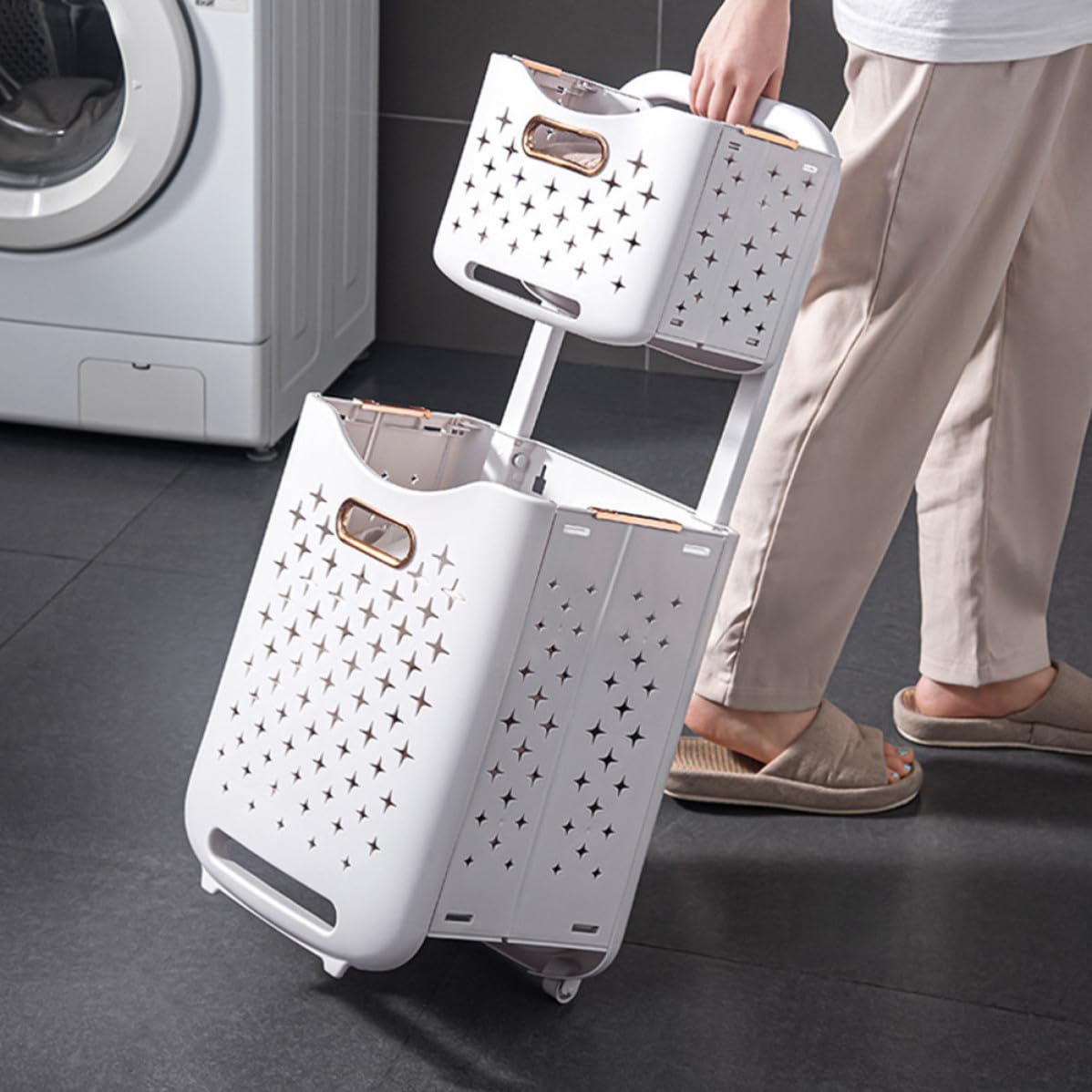 Cesto Porta Biancheria Sporca Doppio Strato Pieghevole con Ruote e Freno in Plastica Bianco la Casa e Deposito dei Vestiti