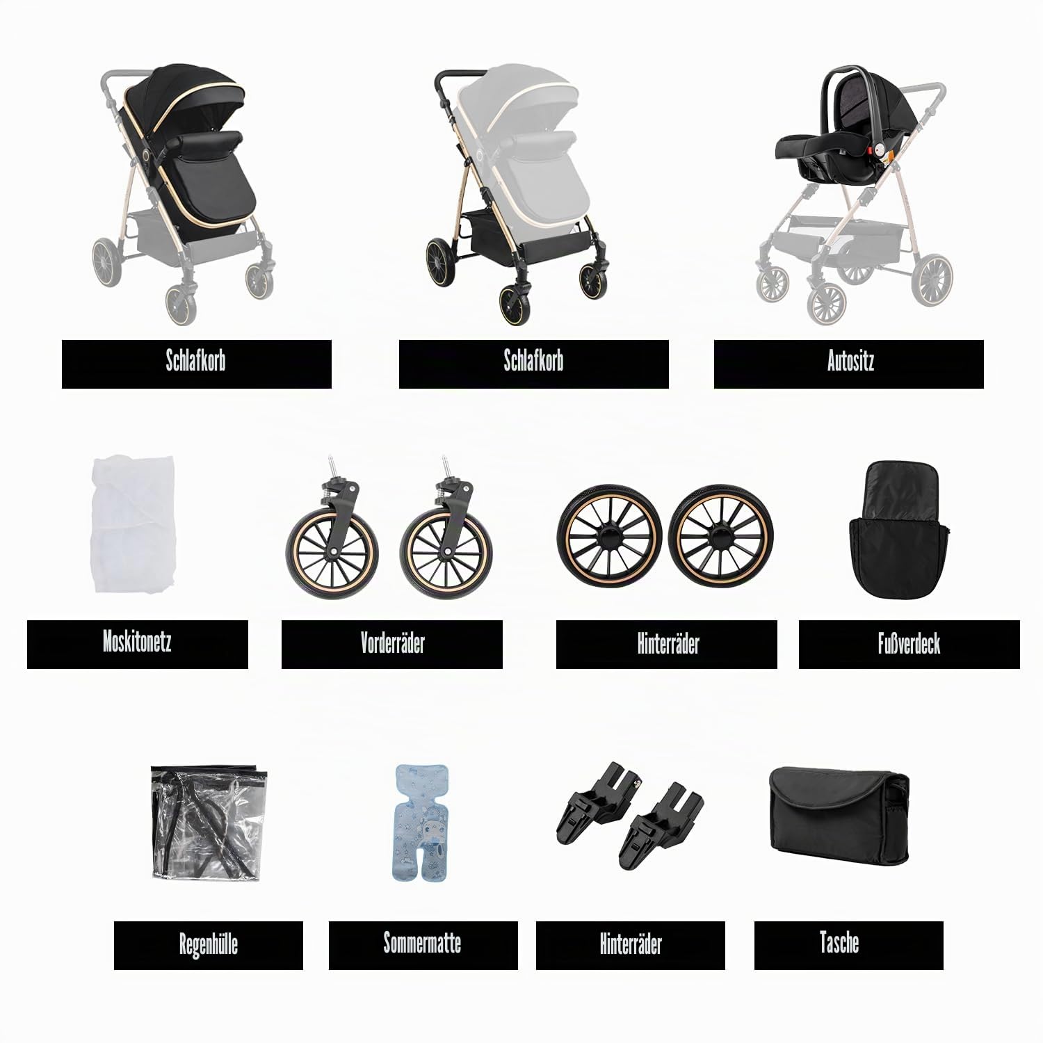 3 in 1 Kinderwagen, Liege- und Wendbarer Reisesysteme Buggy, 3-teiliger One-Click-Klappkinderwagen, Babywagen mit Komplettem Zubehör und Doppelbremsen (V8 BlackGold)