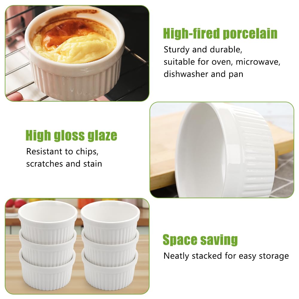 Set di 6 Pirottini per Soufflé Set, Stampi per Soufflé in Porcellana Bianca, 180 ml Pirottini per Soufflé da Forno Ciotole per Creme Brulee, Budini, Salsa, Snack, Fruttoda (bianco)