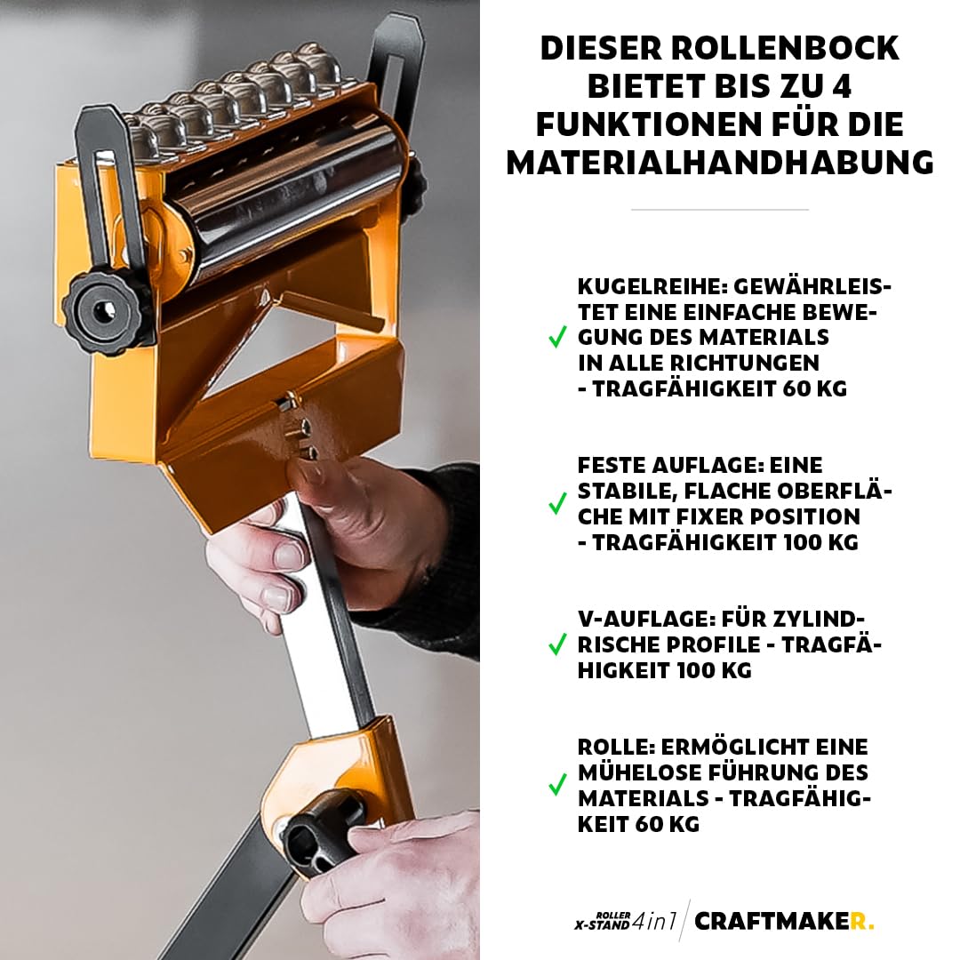 CRAFTMAKER 4-in-1 Rollenbock Höhenverstellbar - Rollbock & Rollenständer für Kappsägen und Tischkreissägen, mit Rollen-, Kugel-, Flach- & V-Auflage, klappbar 71–115 cm, bis 100 kg