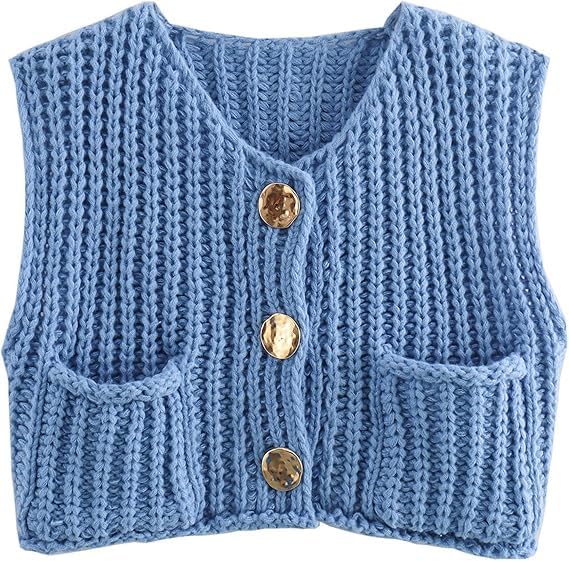 Womens Crop Sweater Vest Crochet Chunky Knit Button Down Sleeveless Cardigan with Pockets