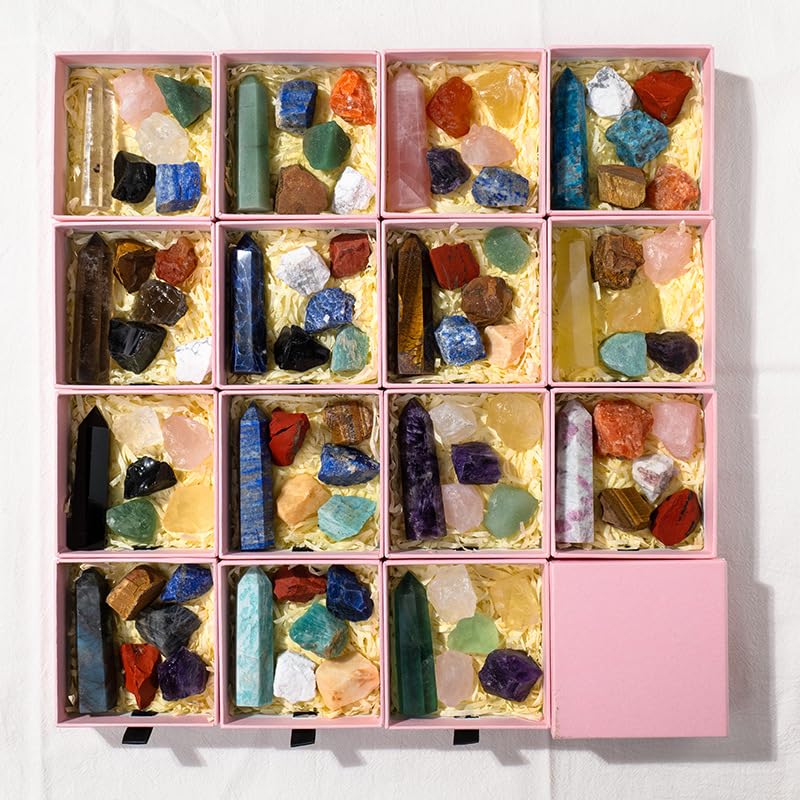 Namzi 1 Piece Natural Crystal Column raw Stone Set Box, Pink Single Pointed Crystal Stone Hexagonal Column Mineral Standard Set Box Yoga Stone Ornament