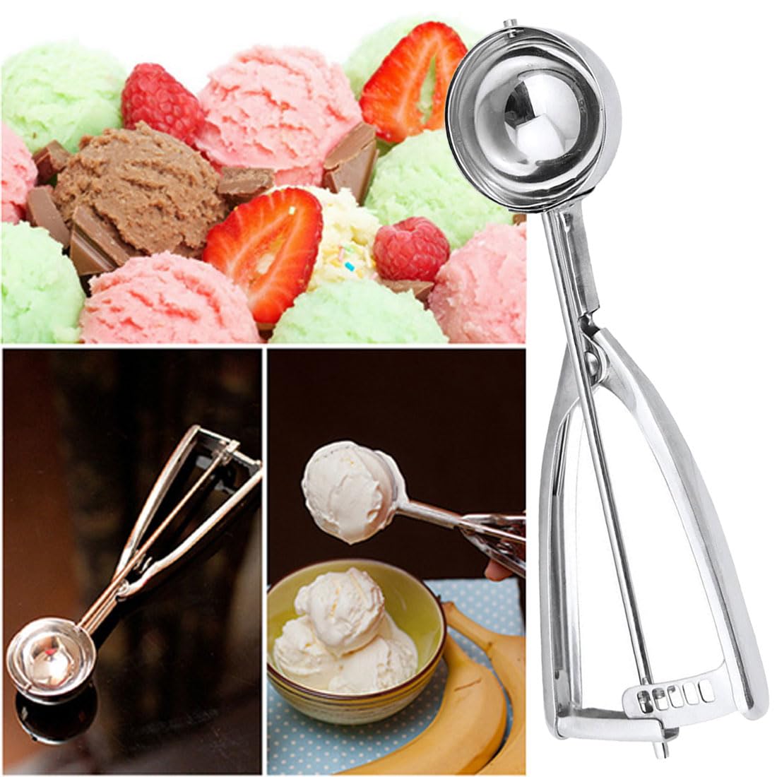 Set De 2 Cuillères à Glace Inox 304 - Avec Gâchette - Professionnel - Pour Glaces, Fruits, Purées