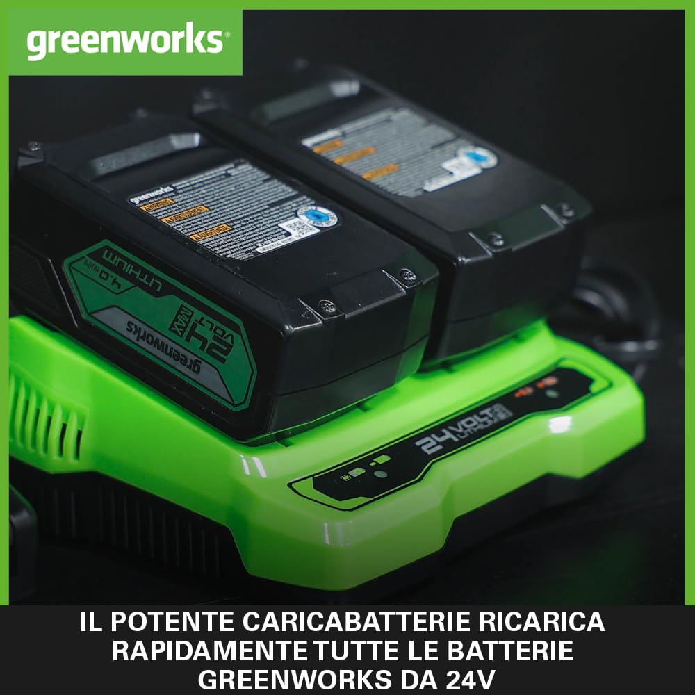 Greenworks GSK24B2X - Batteria da 24 V e caricatore a doppia carica – due batterie originali agli ioni di litio da 2 Ah ad alte prestazioni, adatto per tutti gli utensili da giardino e elettrici