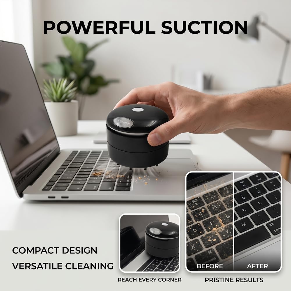 Desktop Vacuum Cleaner, Mini Portable Battery Powered Desktop Dust & Crumbs Sweeper for Keyboard, Desk, Home, Office and Car Cleaning, Black