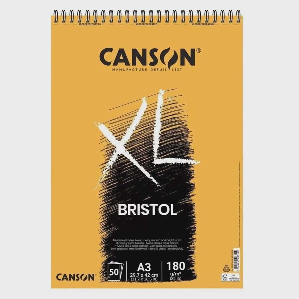 Canson XL, Papel Bristol, Muy Suave, 180 g, Espiralados Sobre el Lado Corto, A3 - 29.7 x 42 cm, Extra Blanco, 50 Hojas