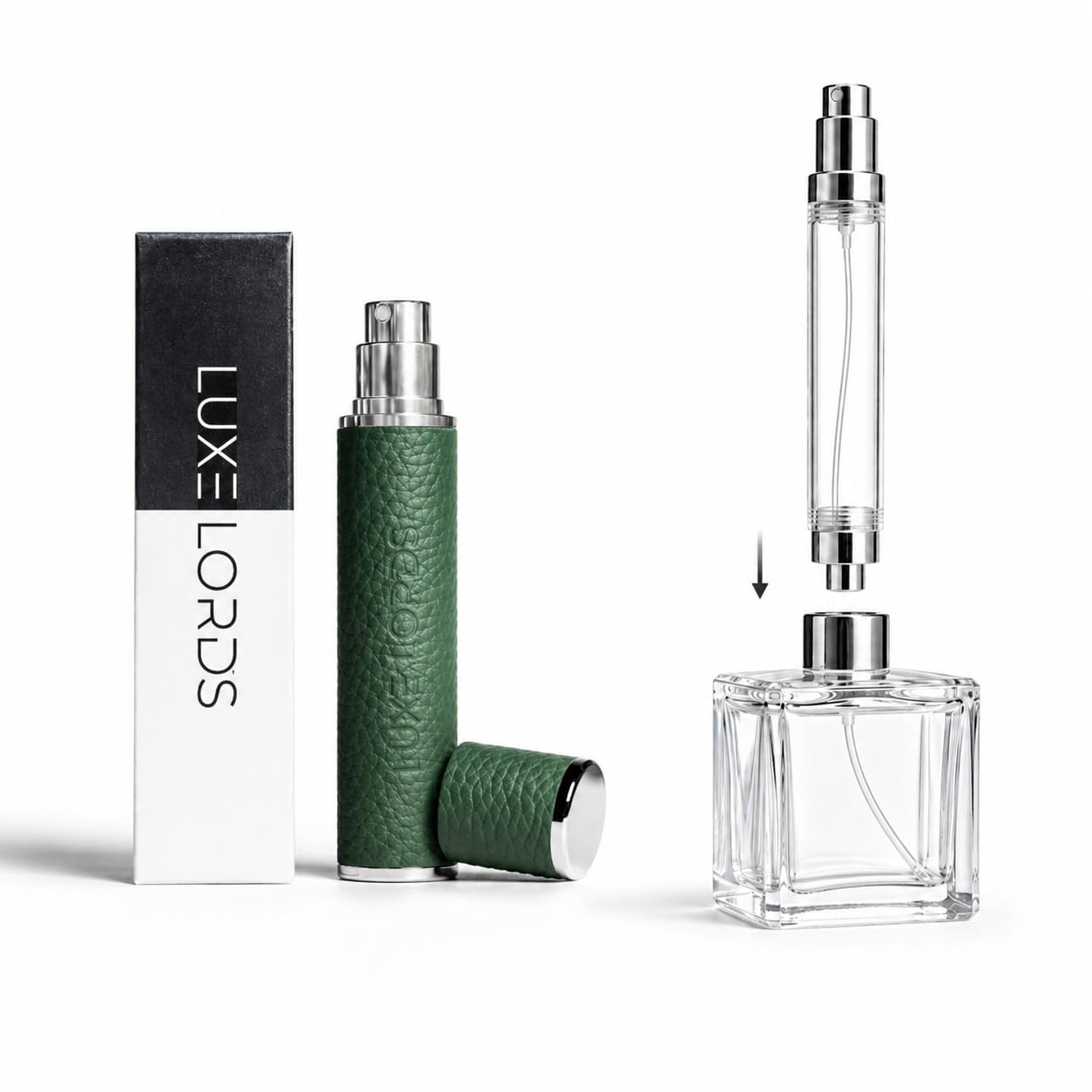 LUXE LORDS Leather Perfume Travel Refillable Atomiser, 10ml Perfume Atomiser, Portable Size Spray perfume case Luxurious Travel accessory(GREEN)
