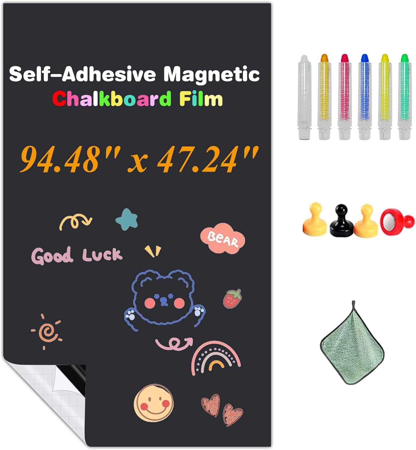 JUMUBOARD Self-Adhesive Chalkboard Sticker, 94.48" x 47.24" Magnetic Receptive Blackboard Wall Film, No Ghosting, Easy Write & Clean | Peel & Stick for Office, Home & Classroom,Incl. Accessories