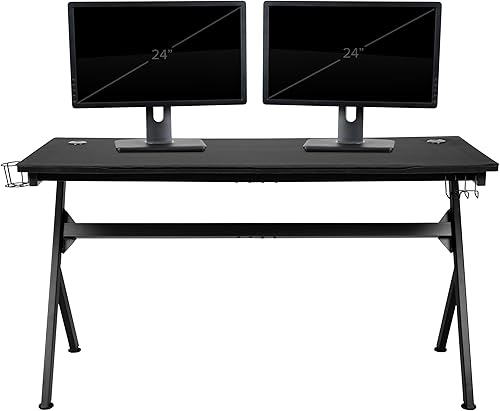 Miniatura 514 de Flash Furniture Juego de escritorio para juegos negro y silla de carreras blanco/negro con soporte para tazas, gancho para auriculares y soporte