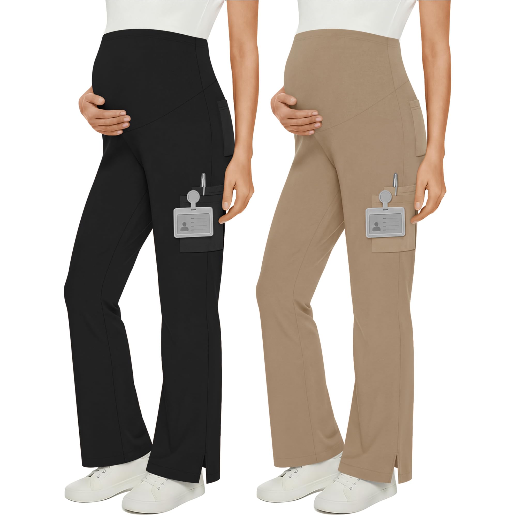 2 Pack Womens Maternity Scrub Pants Wide Leg Pregnancy Cargo Pants Over The Belly Stretchy Trousers for Nurse