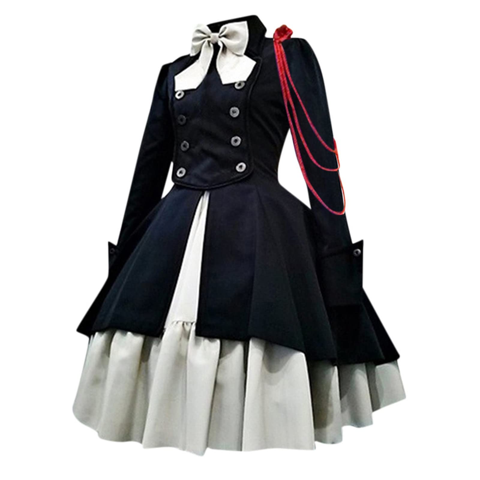 Womens Lolita Gothic Dress with Vintage Bow Ruffle Steampunk Dresses Long Sleeve Short Renaissance Dress Cosplay