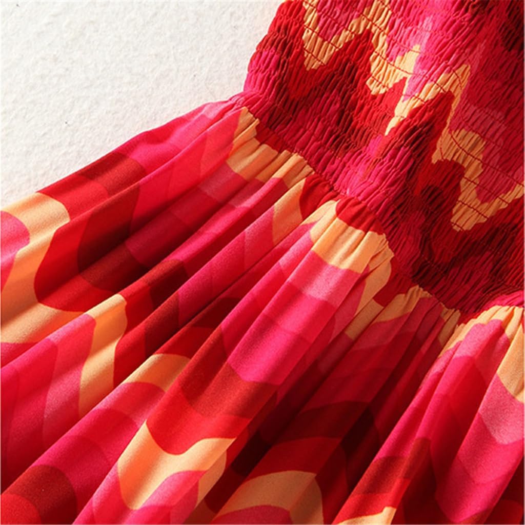 Beach Dresses Red Skinny Dress Rainbow Print Pleated Mid-Length Dress Bikini(L Code)