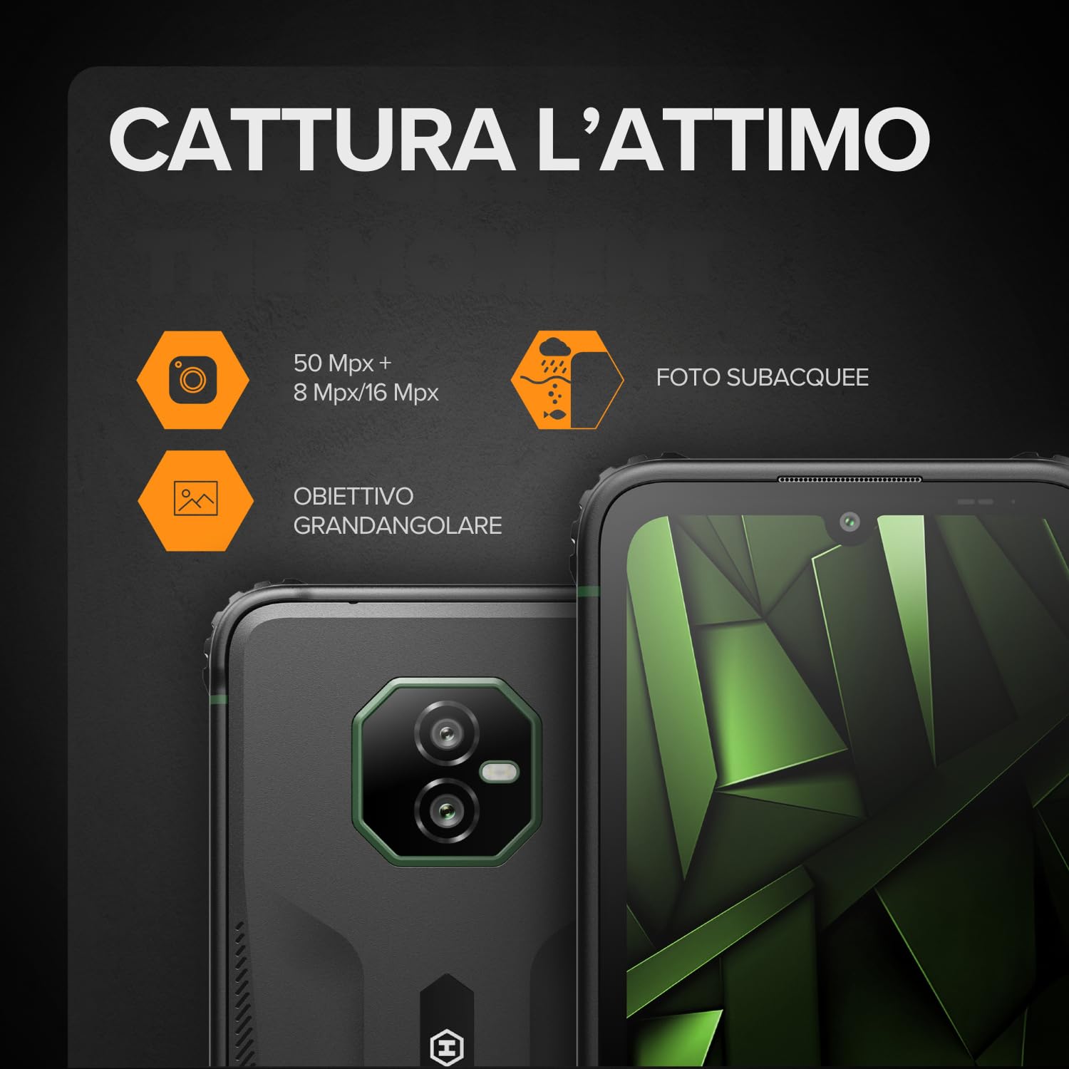 Hammer H Ranger Outdoor Cellulare, Smartphone, 4G LTE, 6/128 GB, 5000 mAh, Display da 6 pollici, 50 MP, Ultrawide, IP69, Gorilla Glass 5, NFC, Biometria, Jack da 3,5 mm, Dual SIM, eSIM