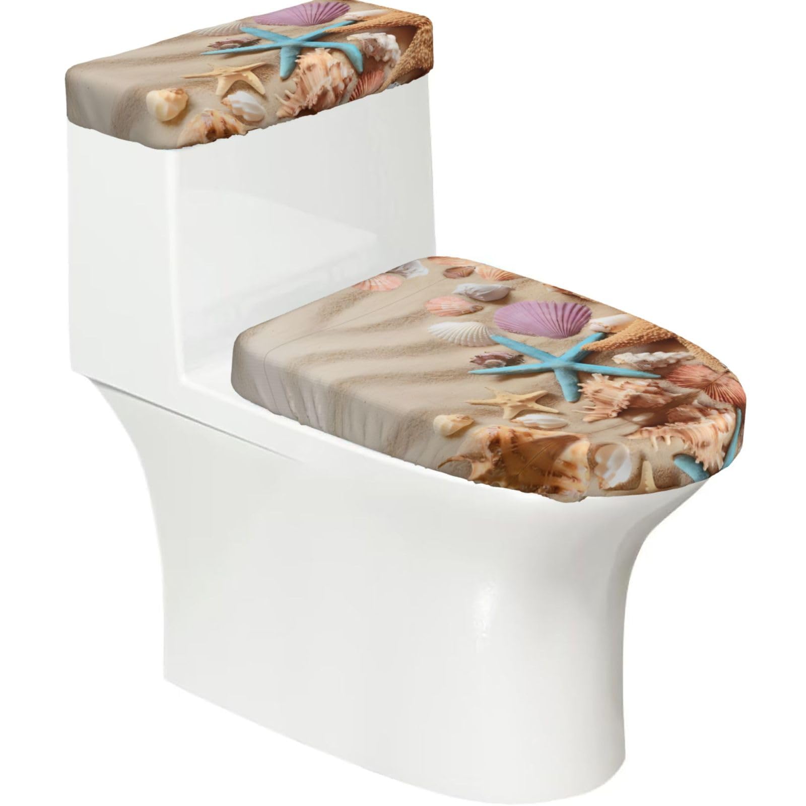 Seashells Starfish 2-Piece Toilet Seat Cover Set with Tank Lid - Elastic for U-Shape & Elongated - Bathroom Decor