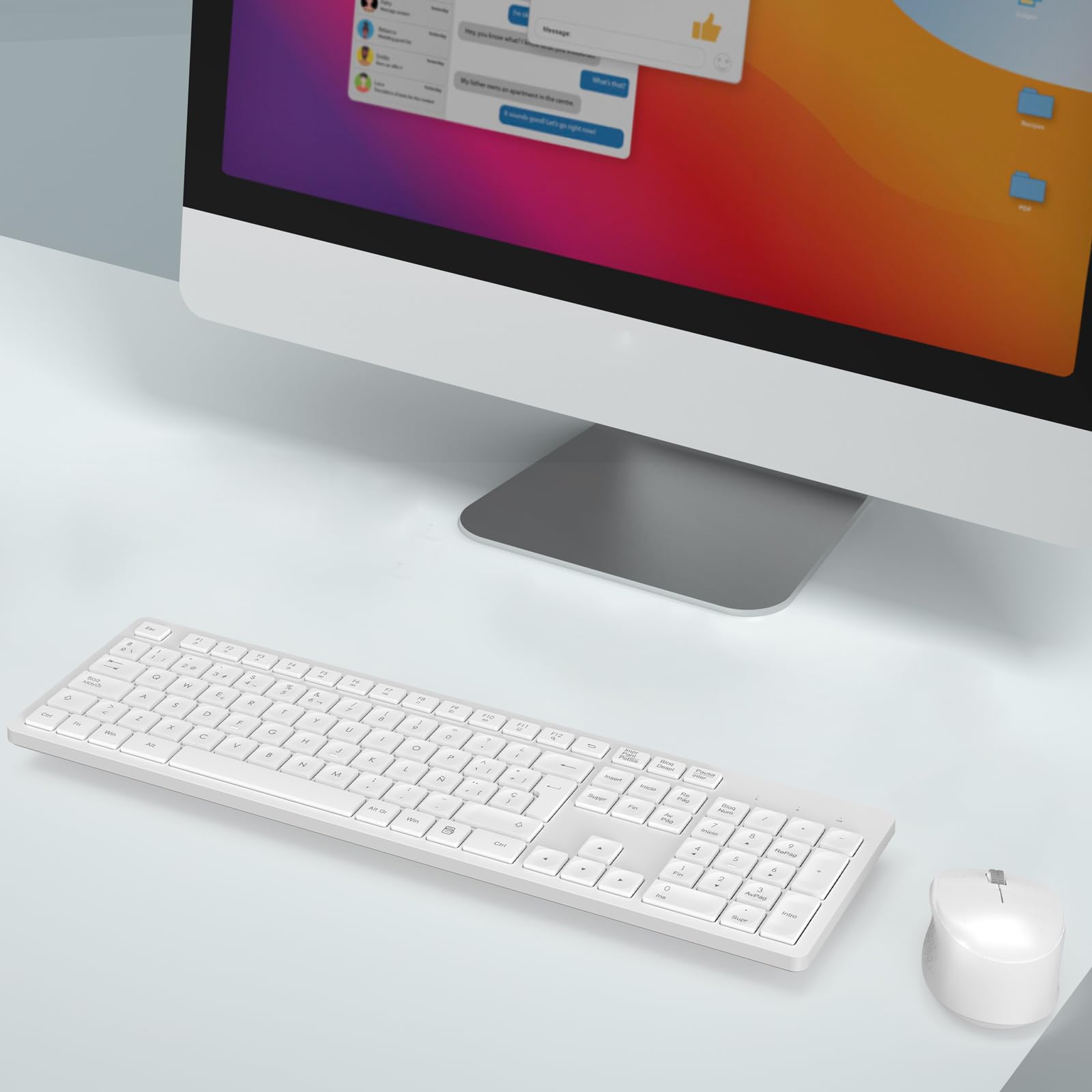 LeadsaiL Teclado y Raton Inalámbrico, Teclado y Raton Inalambrico Ergonómico, Español QWERTY, Tamaño Completo con Teclado Numérico, Receptor USB 2.4 GHz for Mac, PC, Ordenador Portátil-Blanco