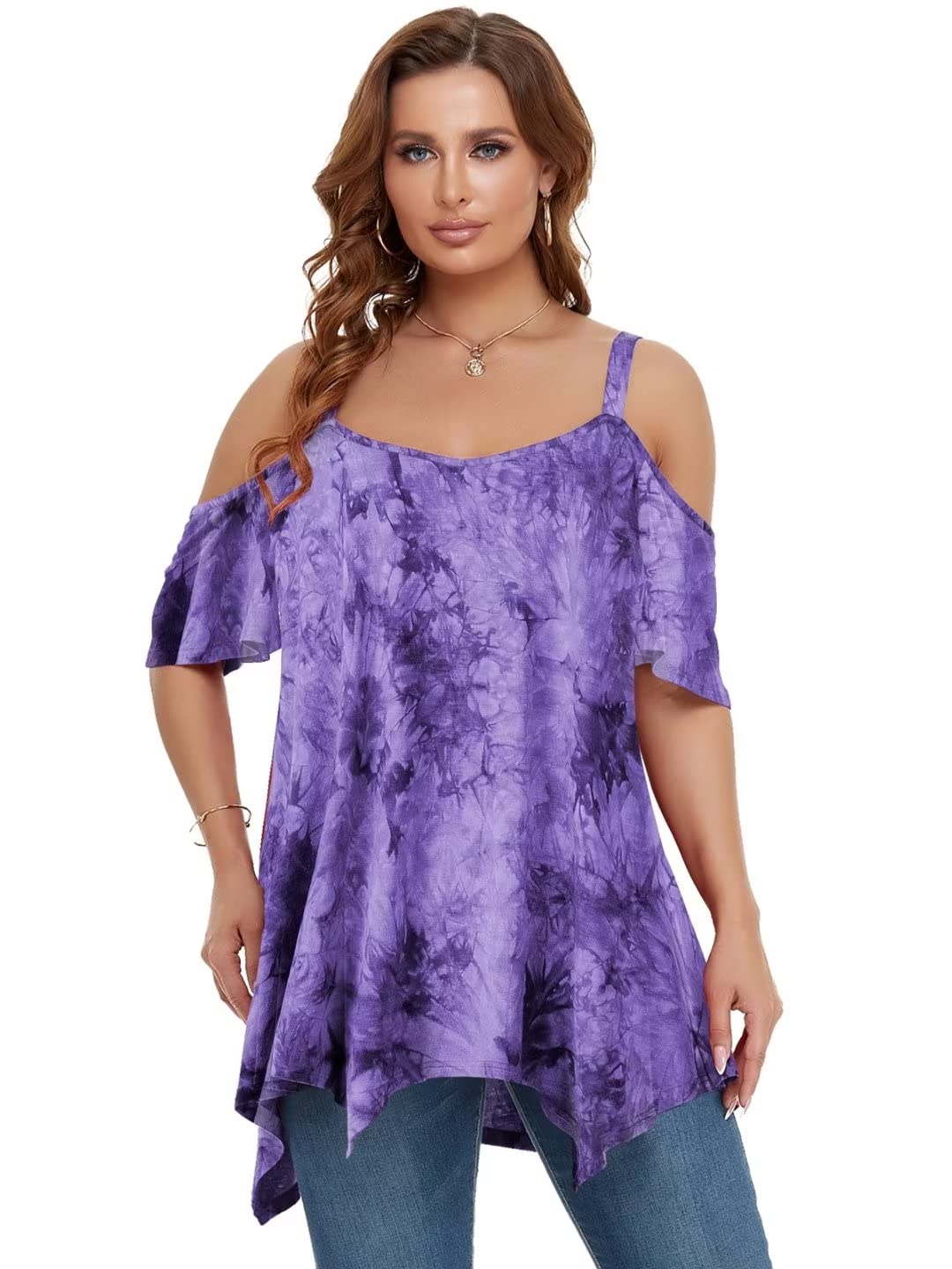 LARACE Cold Shoulder Tops for Womens Summer Clothes Spaghetti Strape Tunic Oversized Shirts Asymmetrical Plus Size Blouse