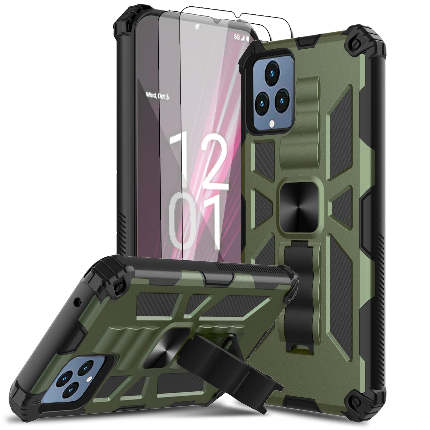 Leptech for T-Mobile Revvl 6 5G Phone Case with 2 Packs Tempered Glass Screen Protector, Dual Layers Heavy Duty Shockproof Protective Cell Phone Cover with Kickstand for T-Mobile Revvl 6 (Army Green)
