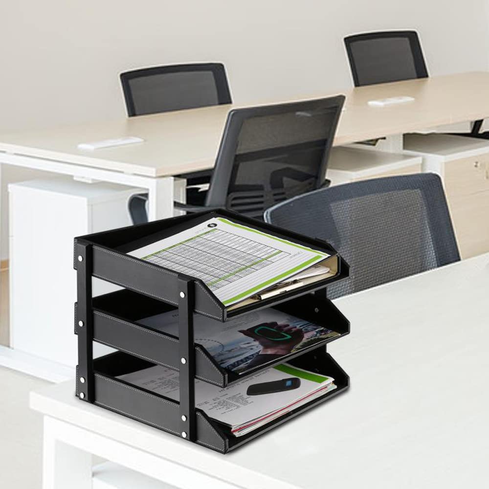Organizer da scrivania in pelle, impilabile, ideale per riporre documenti, cartelle, cancelleria, riviste, giornali, posta, forniture per ufficio (nero a 3 livelli)