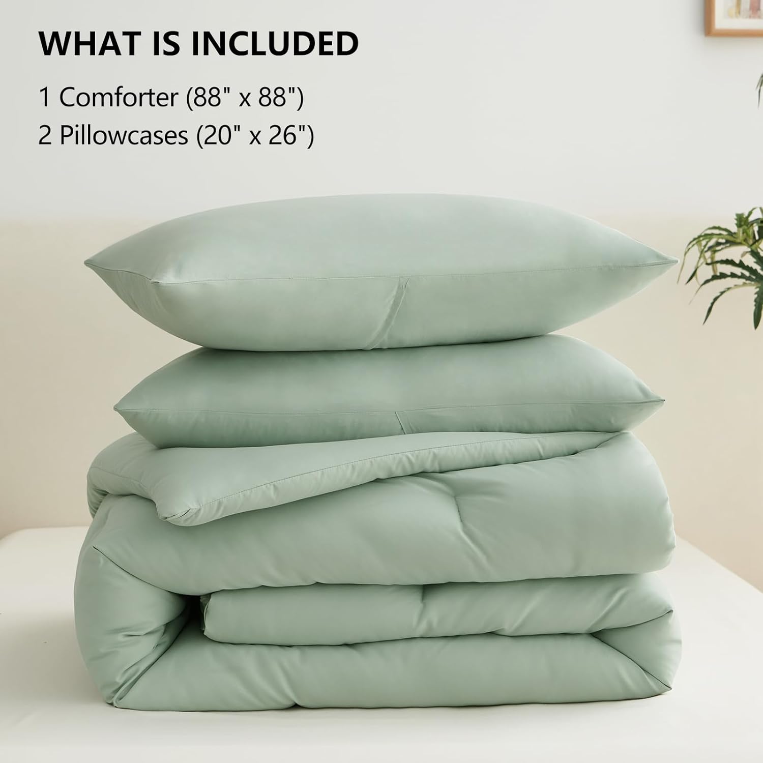 CozyLux Sage Green Queen Comforter Set, 3 Pieces Solid Breathable Quilted Bedding Sets, Luxury Fluffy Soft Bed Set with Down Alternative Comforter for All Season (1 Comforter & 2 Pillowcases) - Image 6