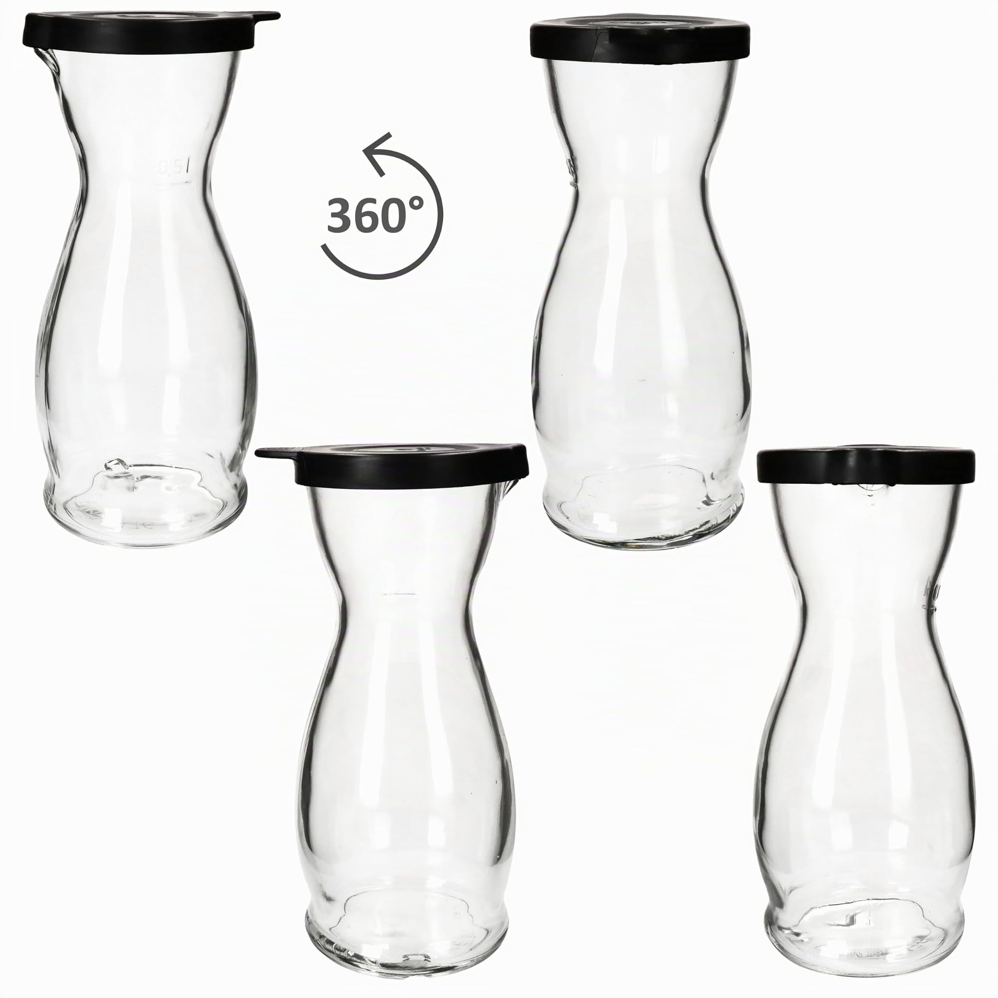 MamboCat Mia Misura Lot de 6 carafes à vin avec couvercle en plastique noir I 0,5 l Calibré I Carafe en verre avec bec verseur pour vin, eau, jus, lait, etc.