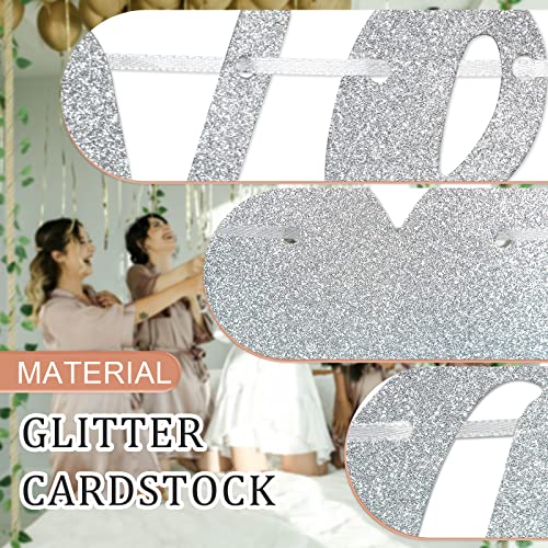 Image of Happily Ever After Silver Glitter Bunting Banner, Engagement, Bridal Shower, Wedding Party Photo Booth Props Signs,Pre-Strung Cursive Bunting