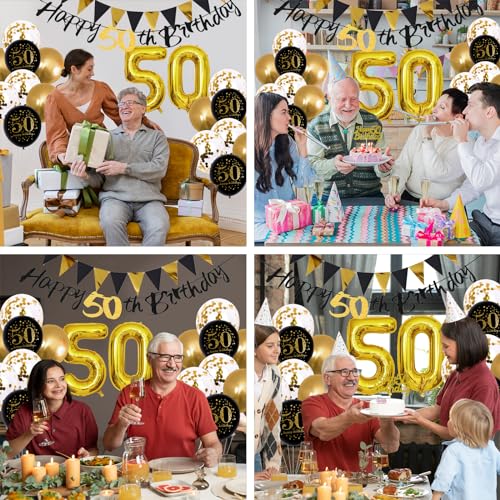 Image of Jobkoo 50th Birthday Decorations Men, 50th Birthday Black Gold Latex Balloons Black Happy 50th Banners 50 Cake Toppers 50 Balloon for Him Women 50 Year Old Party Decoration
