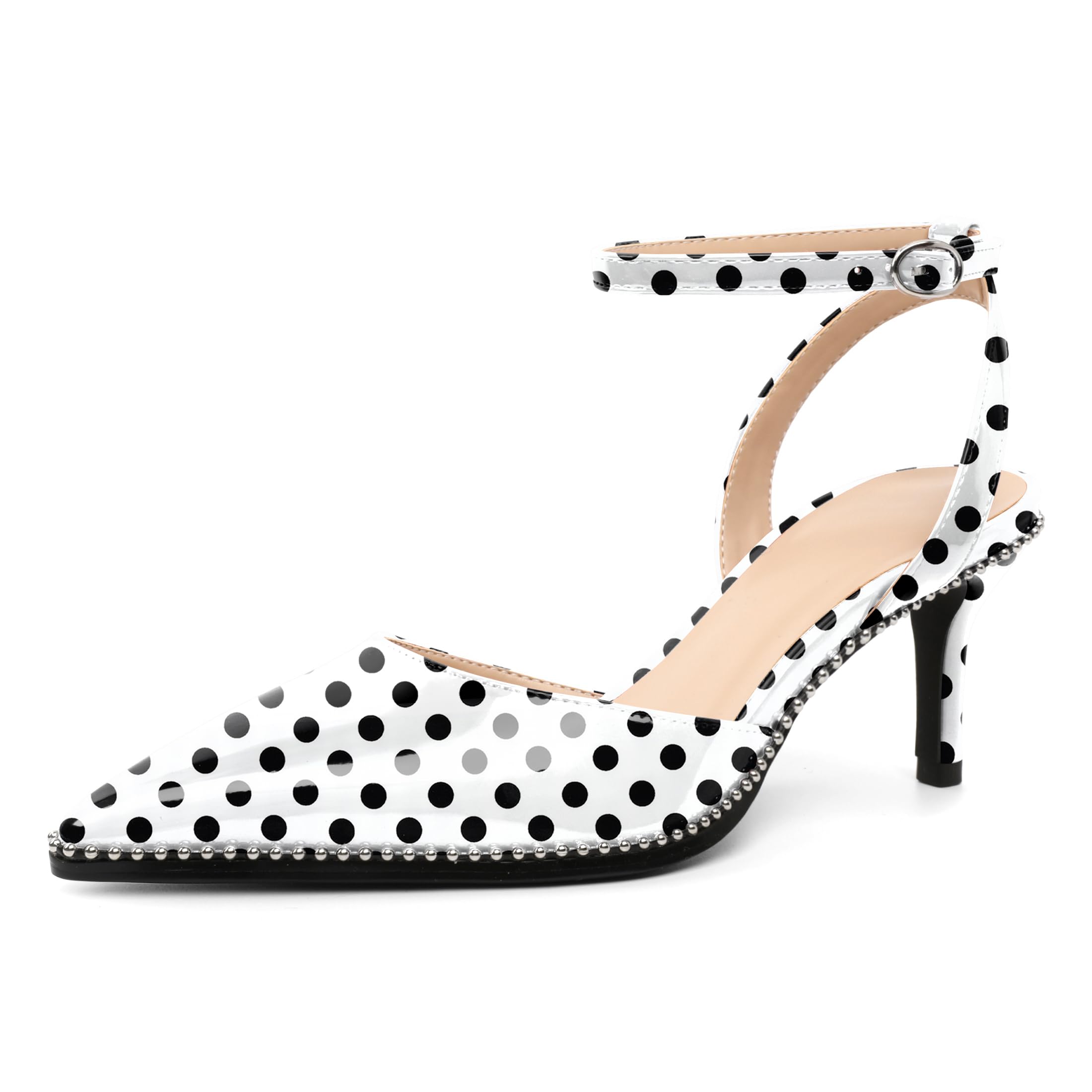 SAMMITOP Kitten Heels for Women Low Heel Closed Toe Ankle Strap Pumps Wedding Party Beaded Dress Shoes 2.4 Inch