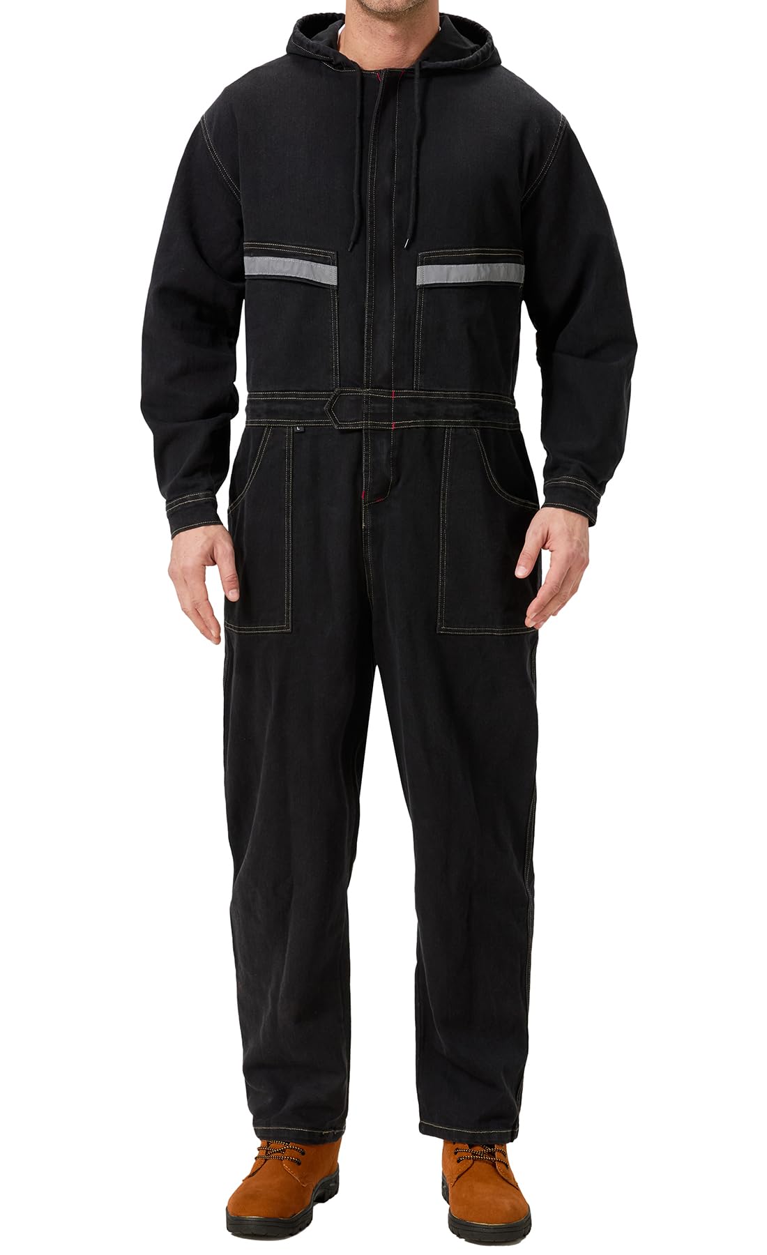 Overol de trabajo de mezclilla para hombre con capucha, overol de trabajo resistente, de alta visibilidad, con pantalones vaqueros, color negro, talla M