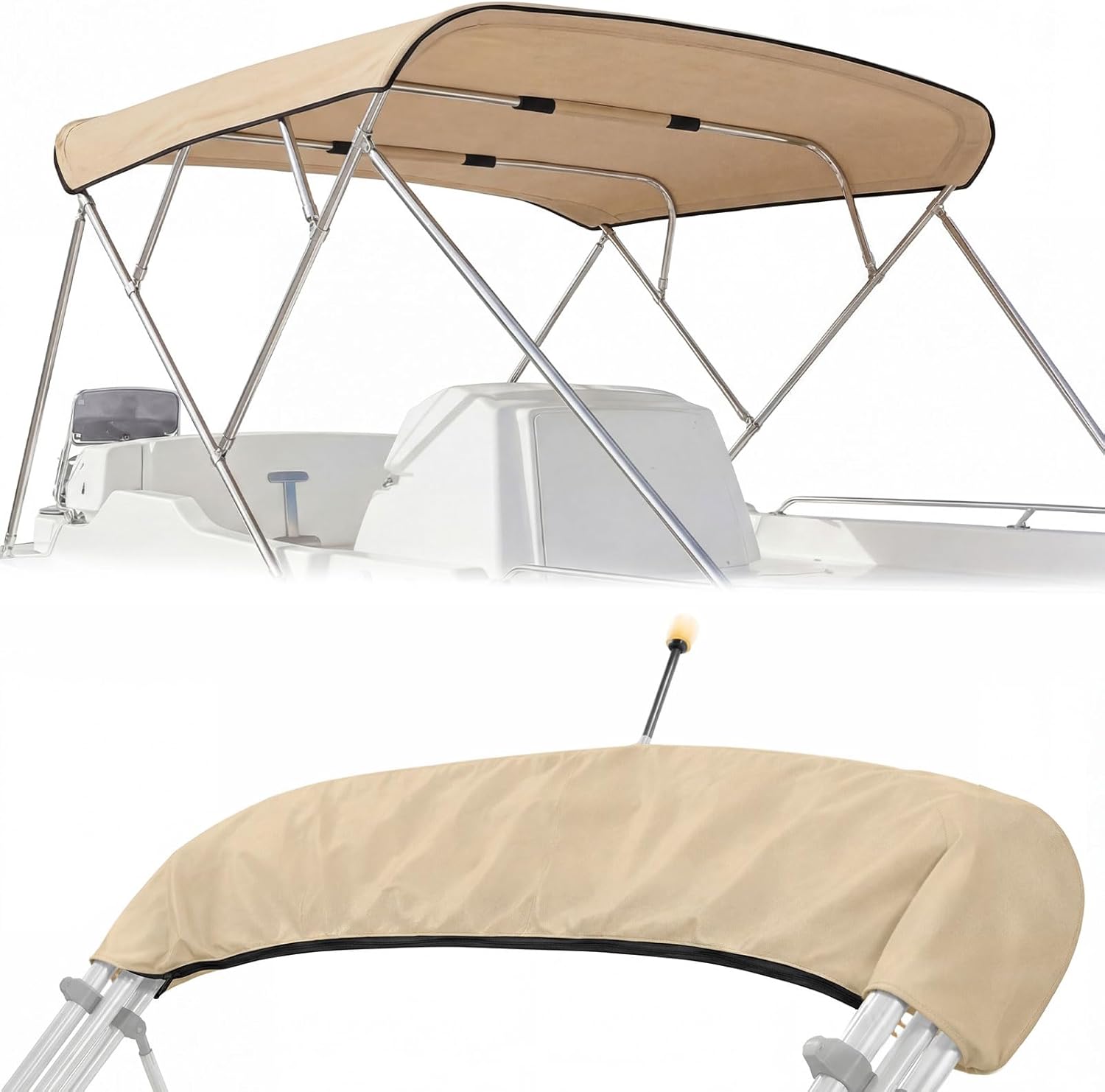 Seenelling 900d 4-Bow Boat Bimini Top Replacement Cover 96" L x 97"-103" W, Khaki Waterproof UV Resistant Marine Sun Shade Canopy with Storage Bag, Easy Install Zipper Sleeves (Frame Not Included)