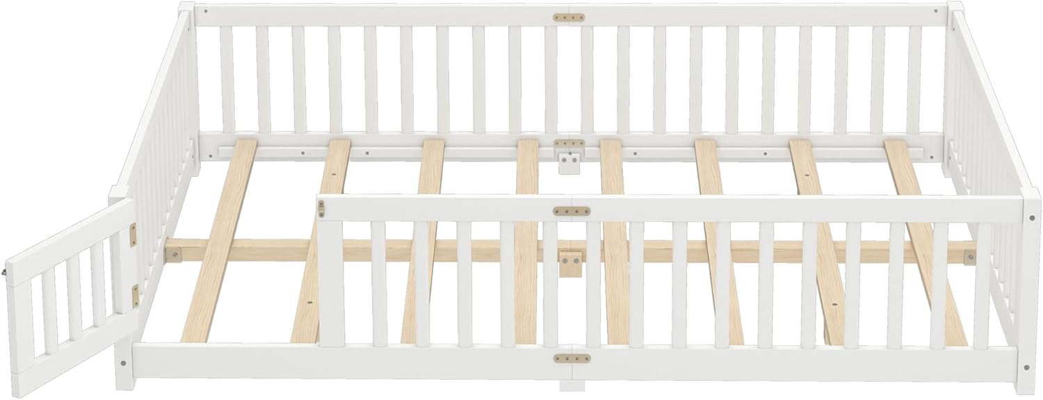 Bellemave Queen Size Floor Bed, Wood Montessori Floor Beds with Fence Railings & Support Slats, Floor Bed Full with Door for Boys Girls, No Box Spring Needed and Childlike Fun Design, White