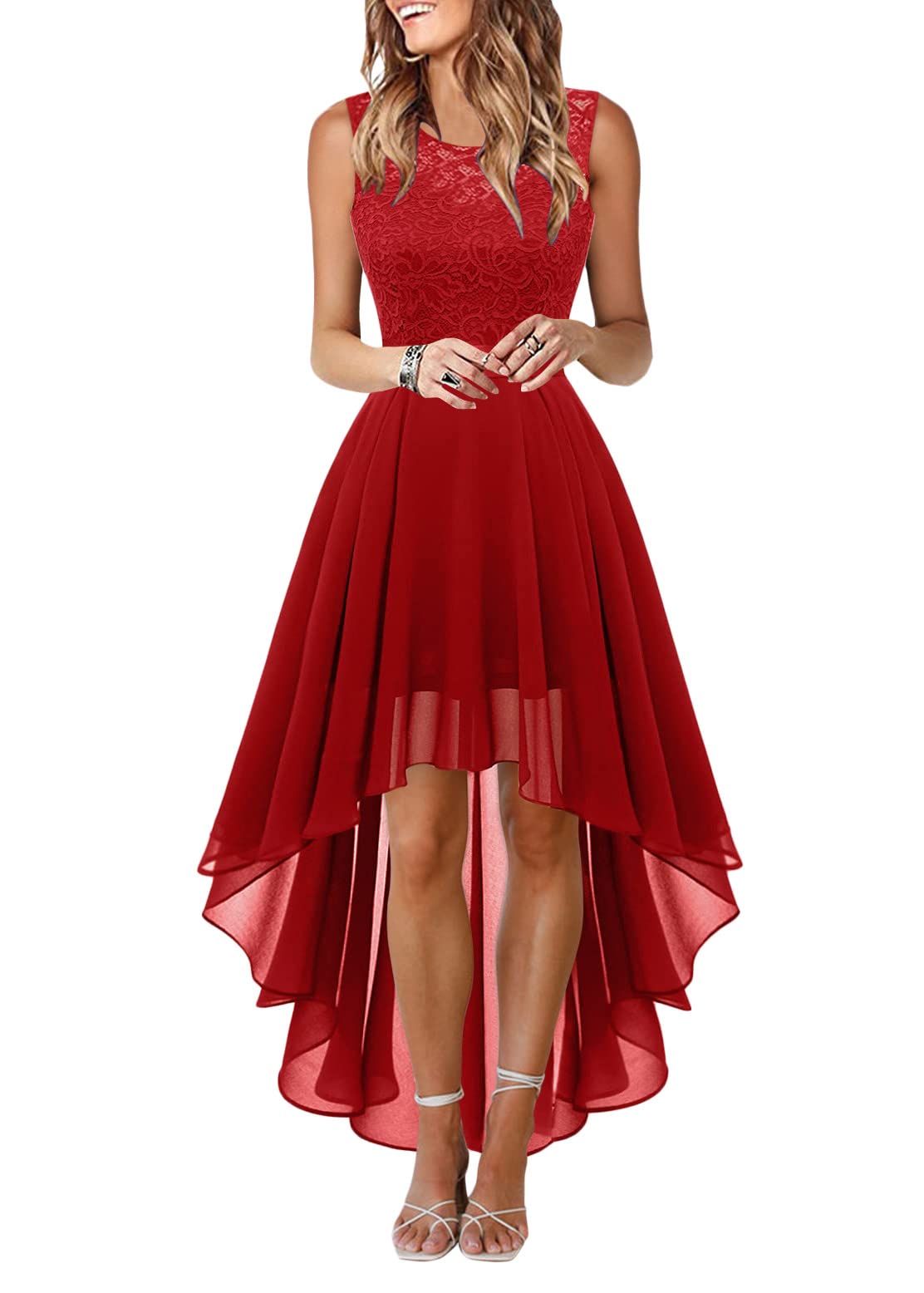 Onsoyours Robe de Cocktail Femme Longue Robes Soirée en Dentelle Mousseline de Soie Robes Chic Elégant sans Manches Sexy Robe Asymétrique