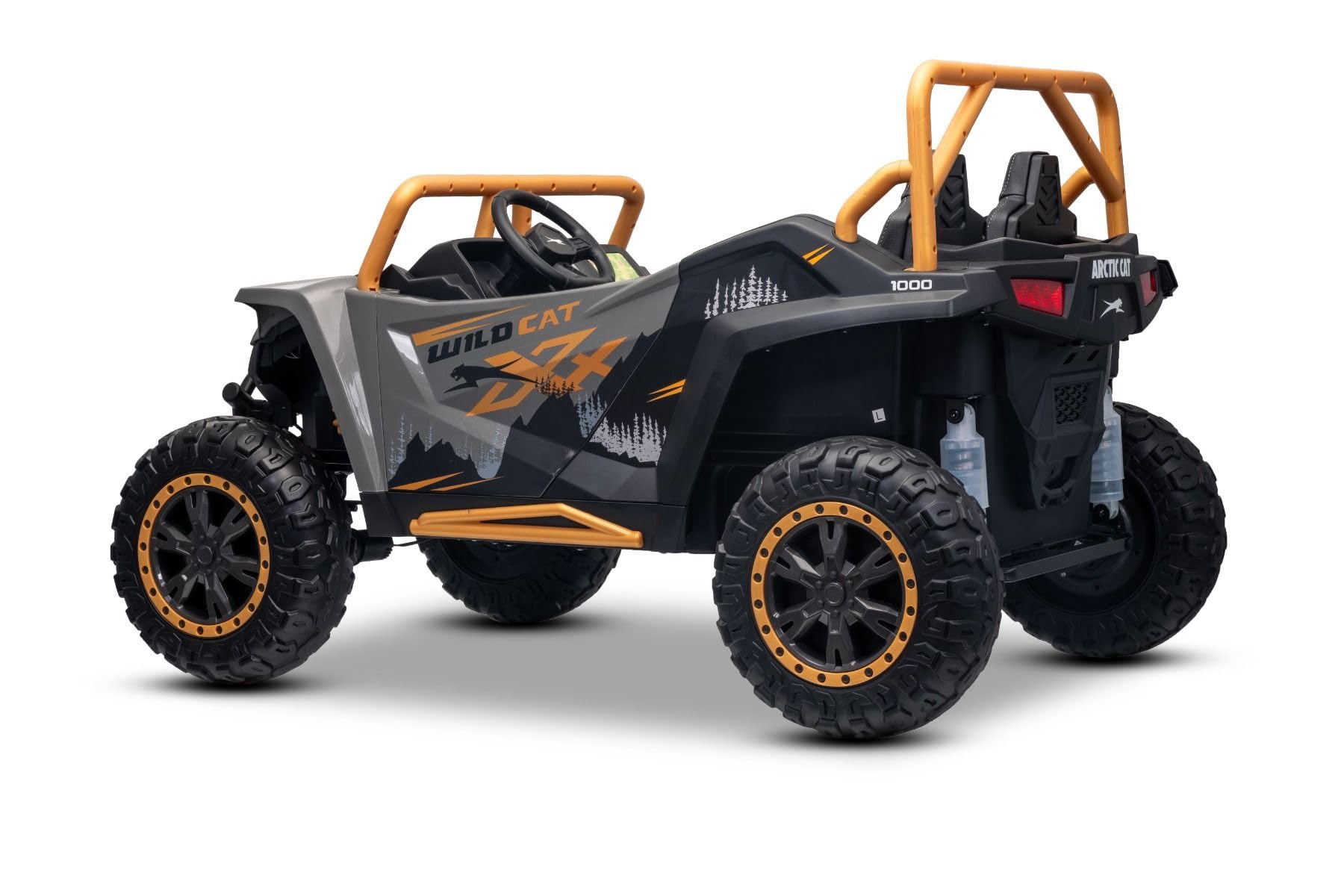 Buggy elettrico Artic CAT XXL 4x4 24V, grigio, due posti, ruote in EVA morbida, motori potenti, batteria al litio, lettore MP3 con Bluetooth, sospensioni posteriori, sedili in ecopelle, con licenza
