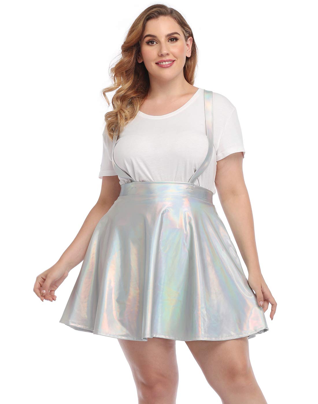 HDE Plus Size Shiny Metallic Suspender Skirt High Waisted Holographic Rave Skirt