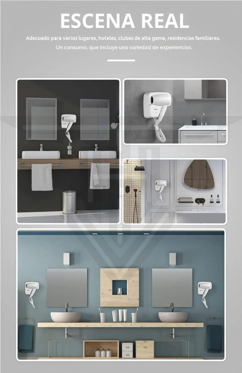 CW512-4 - Secador de pelo de pared de 1300 W para hotel, B&B, gimnasio, profesional Phon con soporte de pared, seguridad IP21, enchufe de afeitadora integrado, color blanco