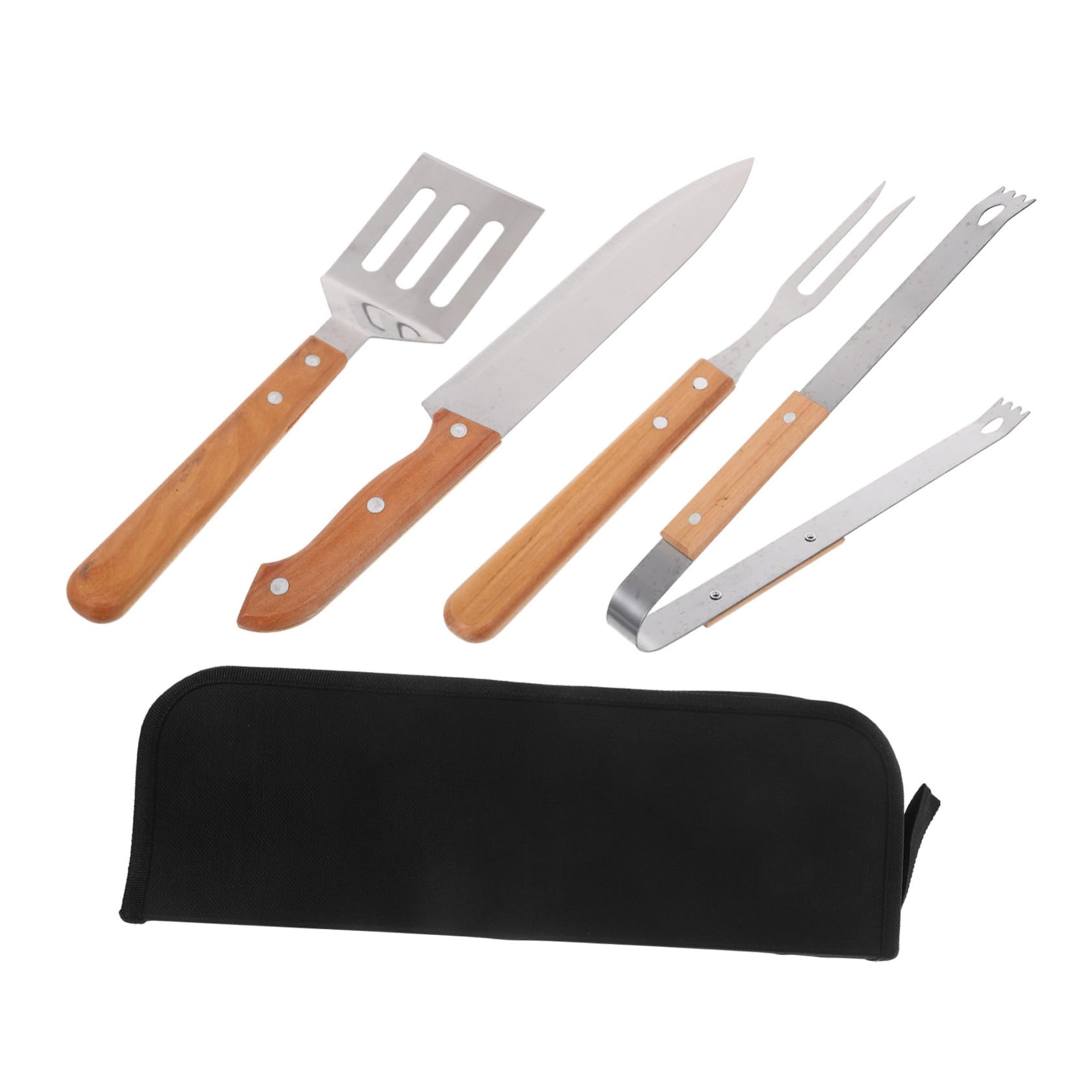STOBAZA Grillbesteck mit Holzgriff Outdoor Barbecue Werkzeug mit Spatel Zange Fleischschneider Tragbares Grillzubehör mit Praktischem Tragebeutel für Camping und Garten