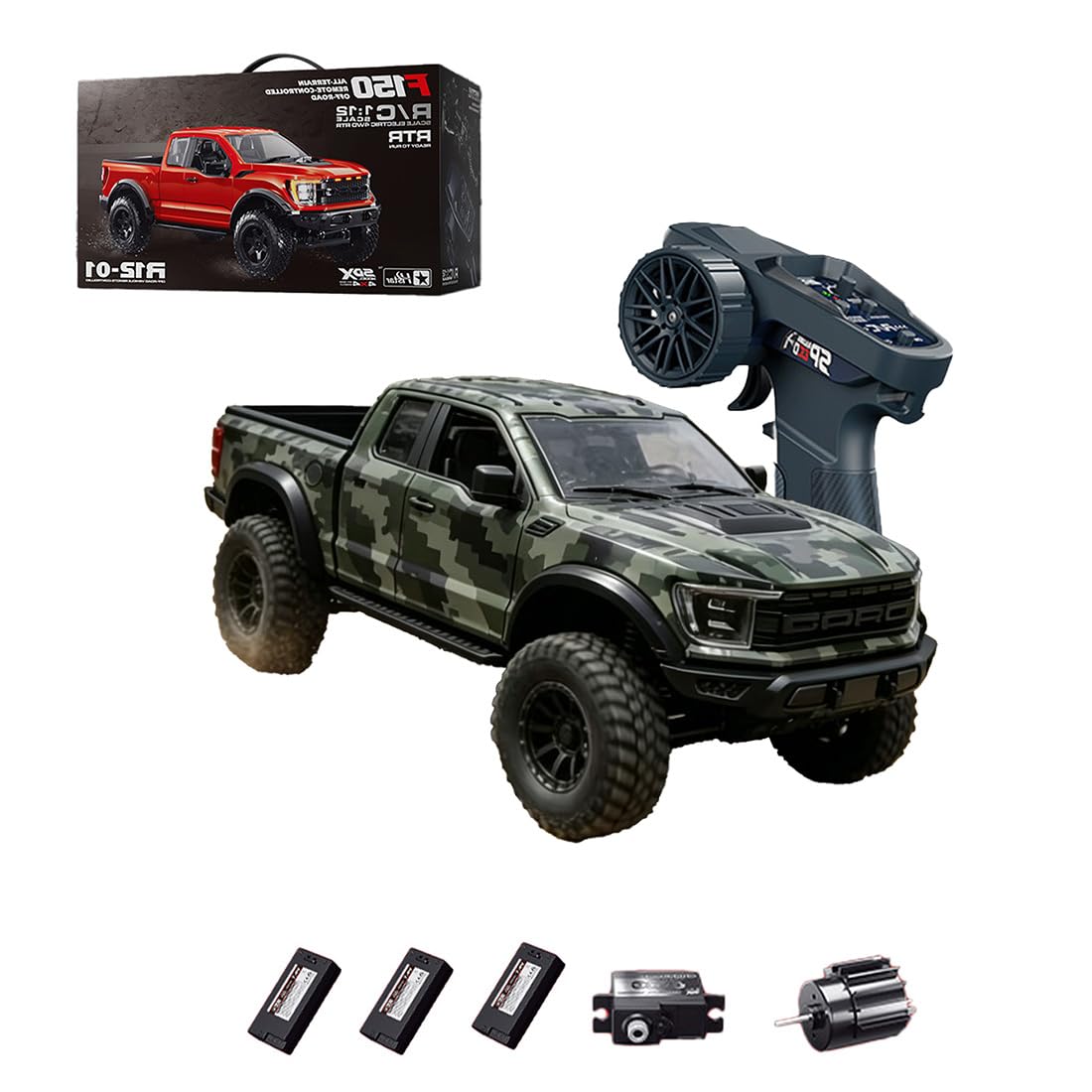 F-150 Raptor 4WD RC Truck 1:12 Ferngesteuerter Auto Offroad-Pickup Mit High-Speed-Motor, LED Beleuchtung Und Einzelradaufhängung (R12-01Q / Tarnmuster Grün / 3 Akkus)